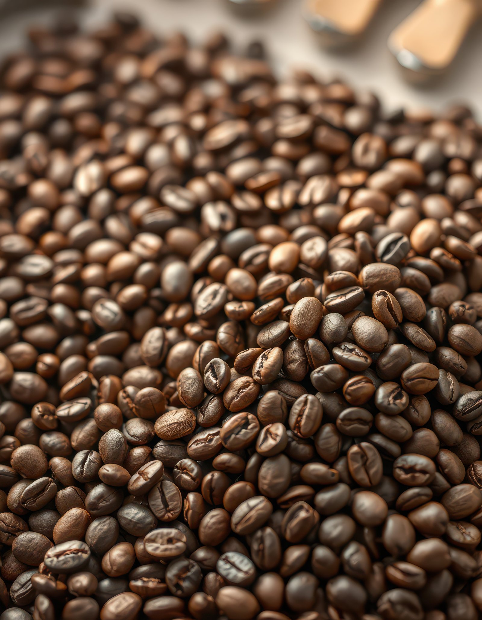 Freshly roasted coffee beans spread across a surface ready for brewing in a cozy cafe setting